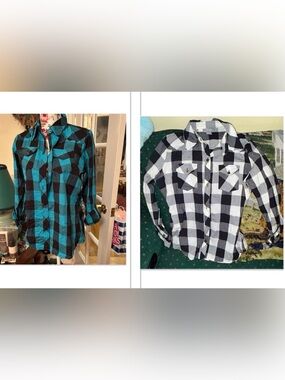Delias buffalo check button-up shirts ; teal & white
